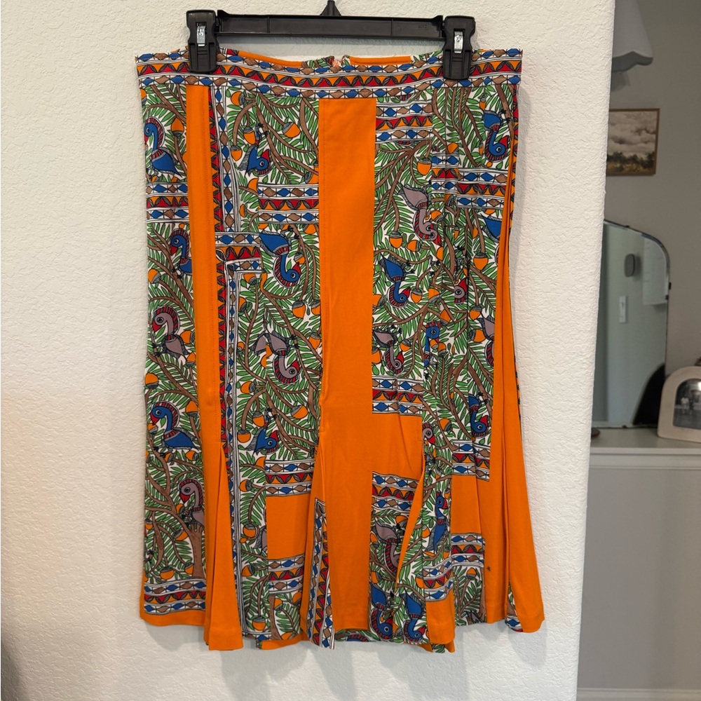Tory Burch Bright Orange Printed Patchwork Midi Skirt